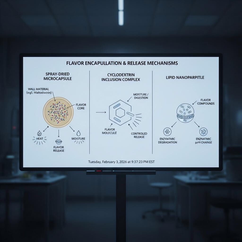 رسم تخطيطي فني يوضح طرق تغليف النكهة بما في ذلك الكبسولات الدقيقة والجسيمات الدهنية النانوية، مع تسليط الضوء على محفزات الإطلاق مثل الحرارة والرطوبة والتغيرات الأنزيمية.