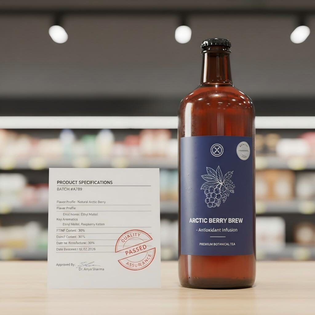 Une vitrine professionnelle d'un thé en bouteille haut de gamme accompagné de ses spécifications techniques et de sa certification d'assurance qualité, représentant l'étape finale d'une optimisation réussie des arômes.