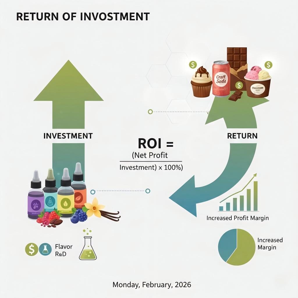 A comprehensive infographic illustrating the Return on Investment (ROI) cycle in the food and beverage industry. It visualizes the transition from flavor R&D and raw ingredient investment to high-margin consumer products like craft soda, ice cream, and gourmet chocolate.