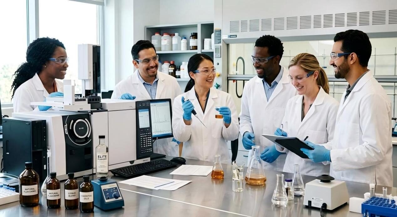 A diverse team of flavor chemists and food scientists collaborating in a high-tech laboratory using GC-MS technology to innovate new taste profiles.