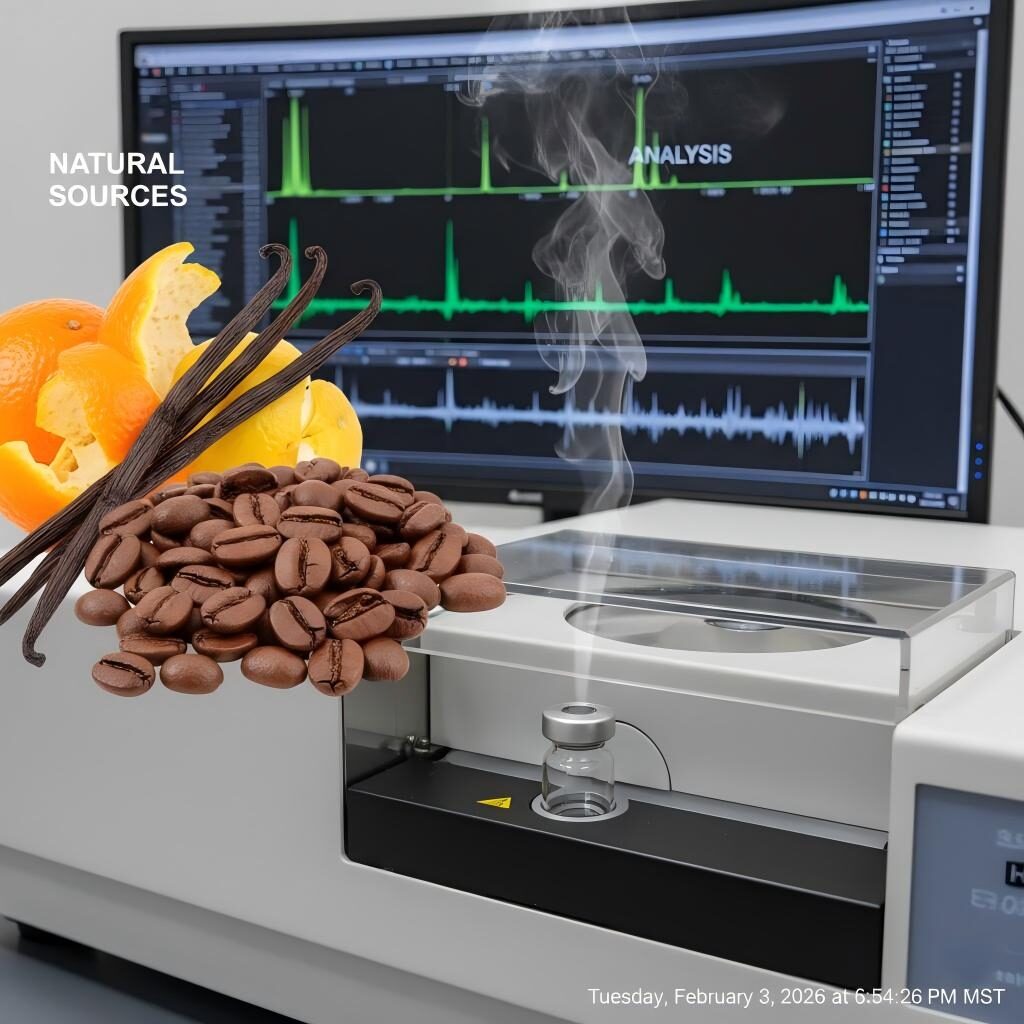 A macro photograph connecting natural raw materials like citrus, vanilla, and coffee to high-resolution GC-MS analysis, showcasing the science of volatile compound identification.