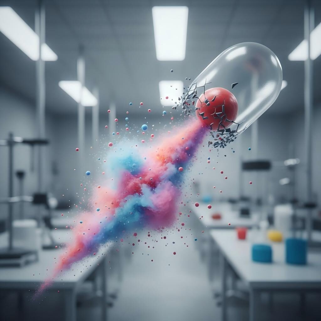 A high-quality conceptual visualization of a microscopic capsule breaking open to release a vibrant burst of volatile aroma molecules in a laboratory setting.