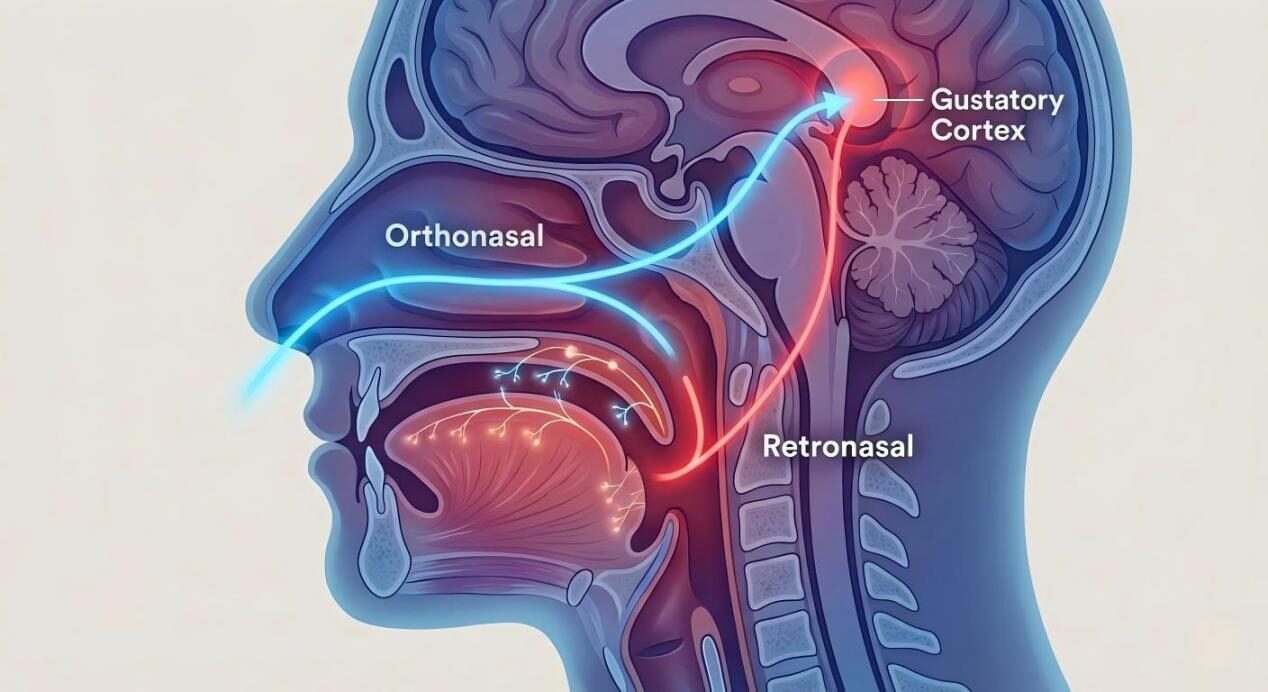 A stylized anatomical cross-section showing how the brain and nasal passages process complex flavor signals.