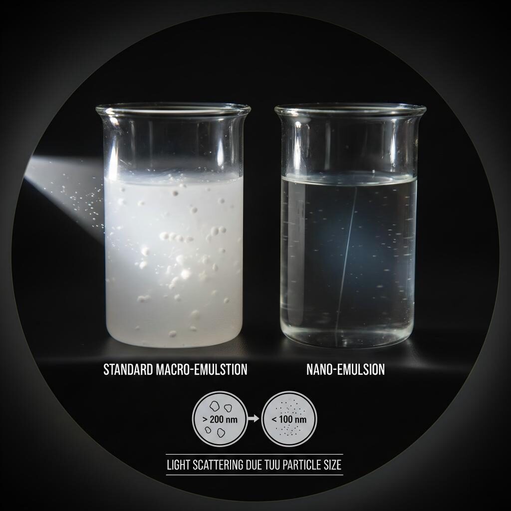 A visual guide comparing standard macro-emulsions (cloudy) and nano-emulsions (transparent). Learn how droplet size below 100nm reduces light scattering to achieve optical clarity.