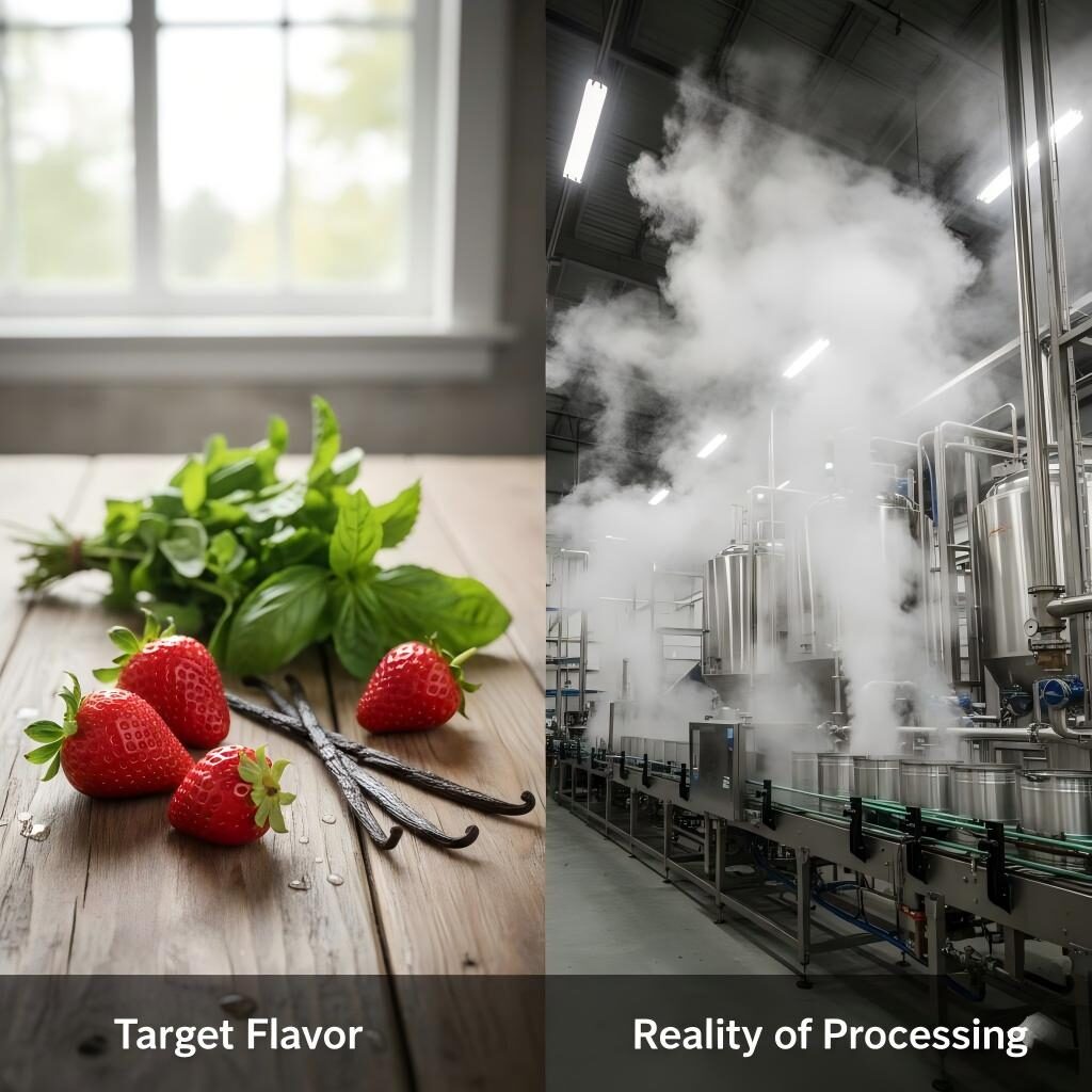 A side-by-side comparison showing fresh strawberries and herbs as the "Target Flavor" against the steamy reality of industrial stainless steel processing machinery.
