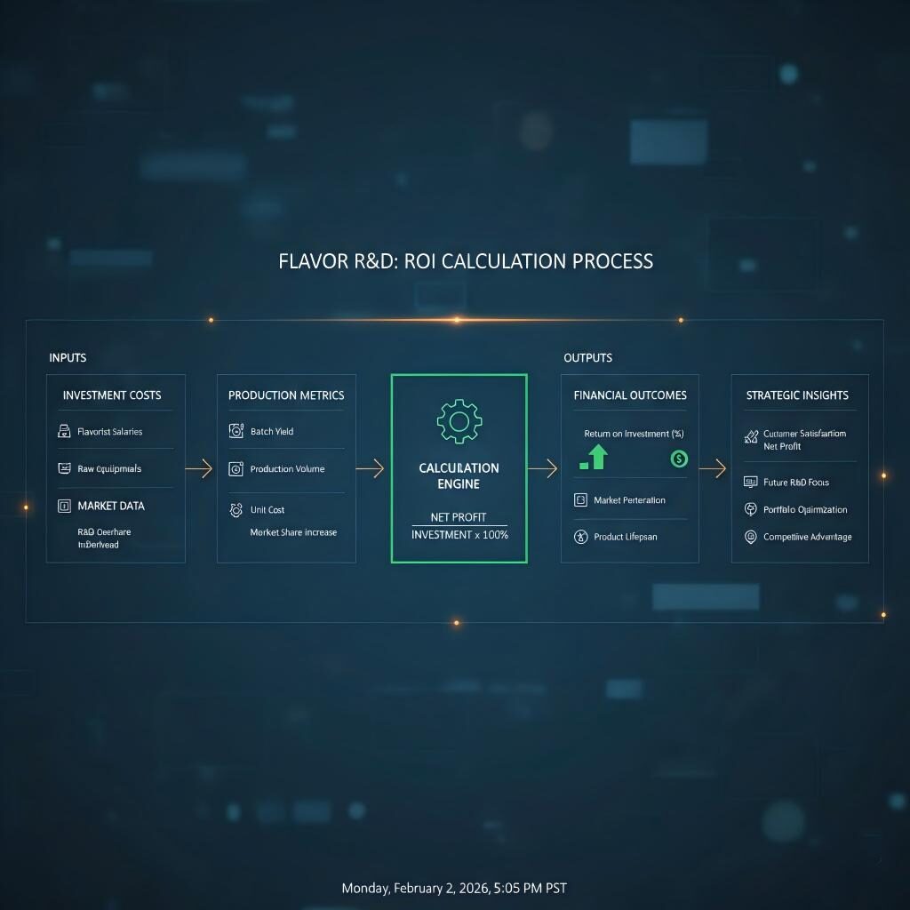 A professional flowchart detailing the step-by-step process of calculating Return on Investment (ROI) for flavor R&D. From investment costs and production metrics to calculation engines and strategic competitive advantages.