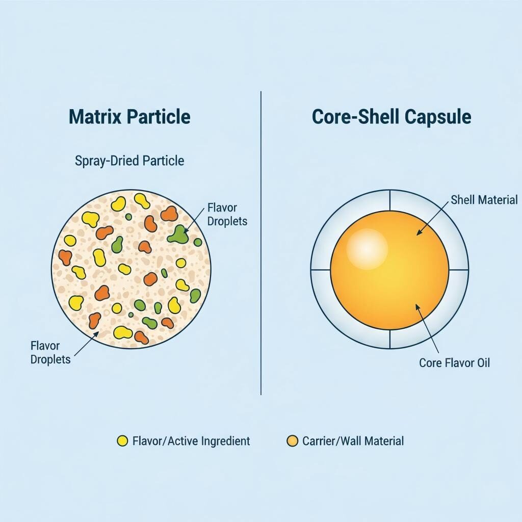 A technical infographic comparing the internal structures of matrix-type particles and core-shell capsules used in flavor and active ingredient delivery.