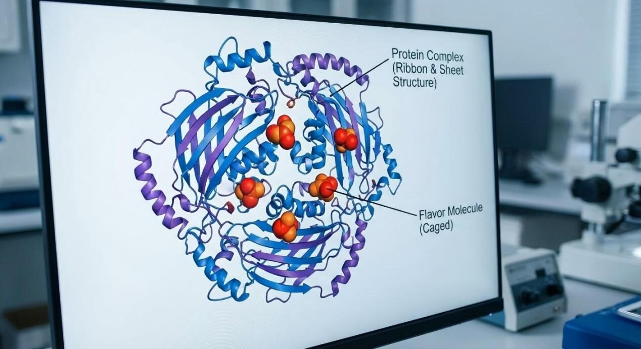 A scientific monitor displaying a complex protein structure "caging" flavor molecules to illustrate the concept of flavor binding.