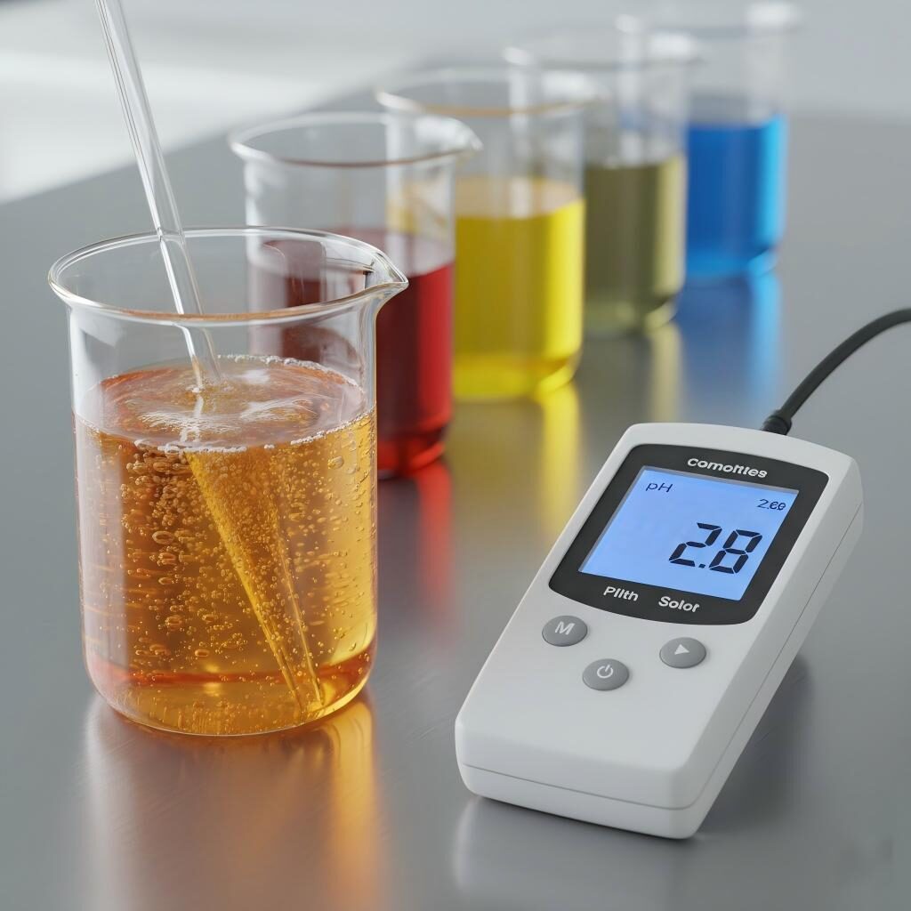 A professional laboratory photograph showing a digital pH meter probe measuring an orange beverage with a precise readout of 2.8, demonstrating acidity testing in food science.