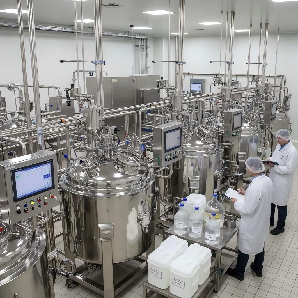 A high-tech industrial setting featuring stainless-steel reaction vessels and control panels for the pilot-scale production of controlled Maillard reaction flavors.