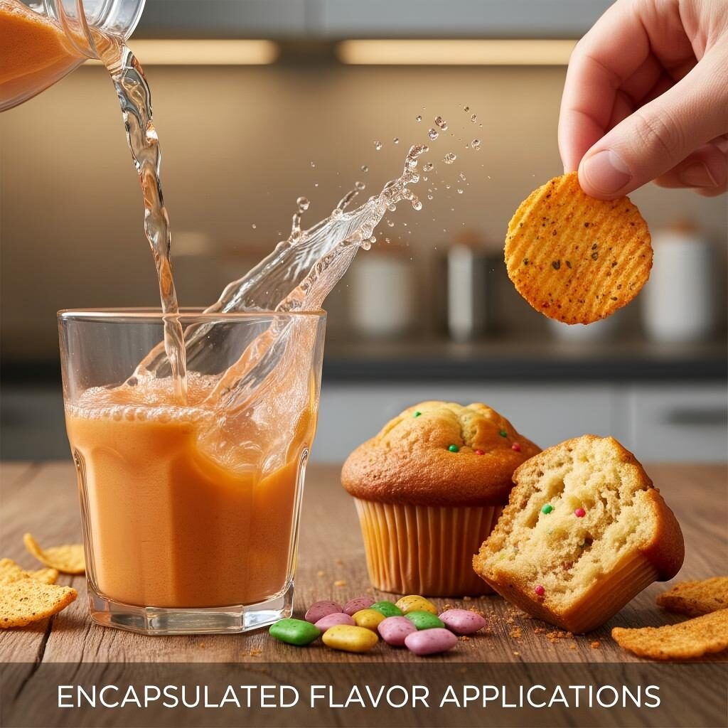 A lifestyle composition showcasing the use of encapsulated flavors in various consumer goods, including beverages, snacks, chewing gum, and baked goods.