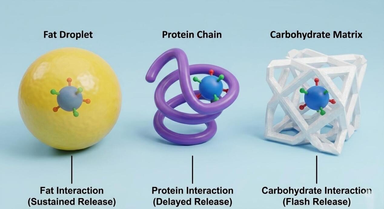 A 3D scientific infographic demonstrating how flavor molecules interact with fat droplets, protein chains, and carbohydrate structures to influence taste perception.