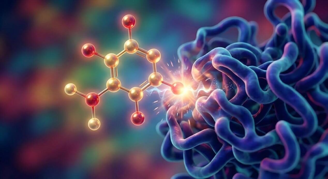 An artistic close-up of molecules like Vanillin and Limonene interacting with sensory receptor sites in vibrant color.