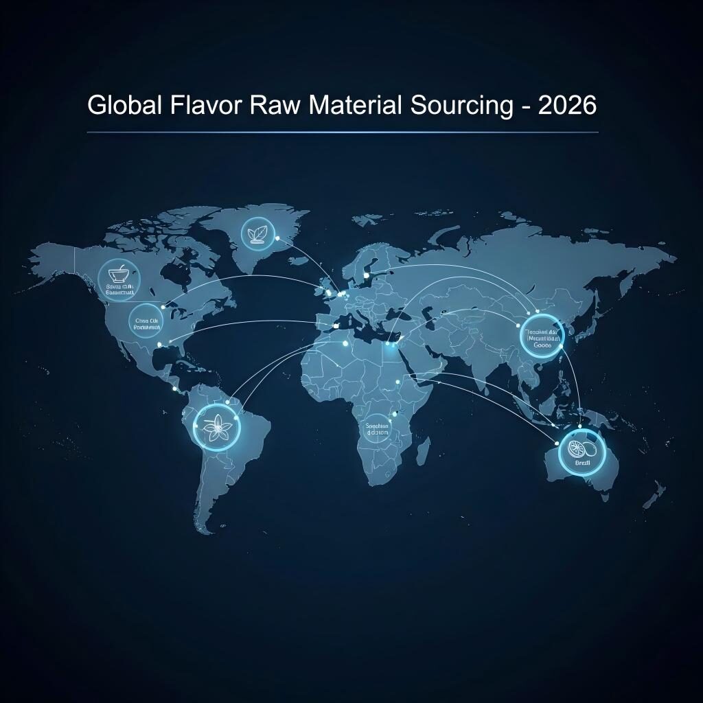Visualize the complexity of the global flavor industry. This map highlights key sourcing hubs—from Indian spice oils to Brazilian citrus—and underscores the need for strategic procurement in 2026.