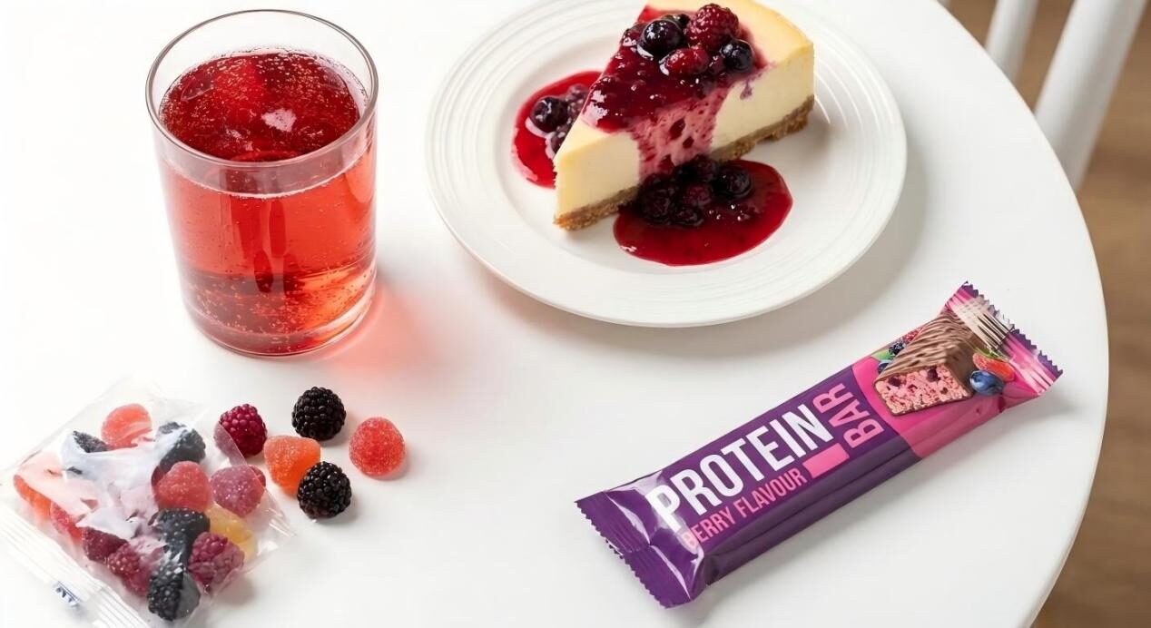 A vibrant flat-lay of finished consumer products, including beverages and snacks, showcasing successful flavor use.