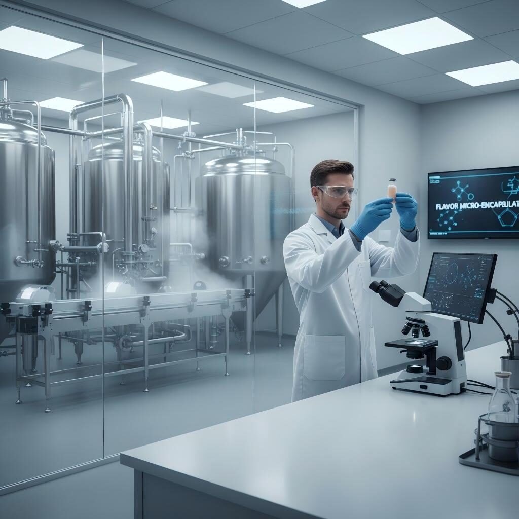 A food scientist examines encapsulated flavor technology in a high-tech lab, with a large-scale industrial pilot plant visible in the background, symbolizing the bridge between R&D and production.