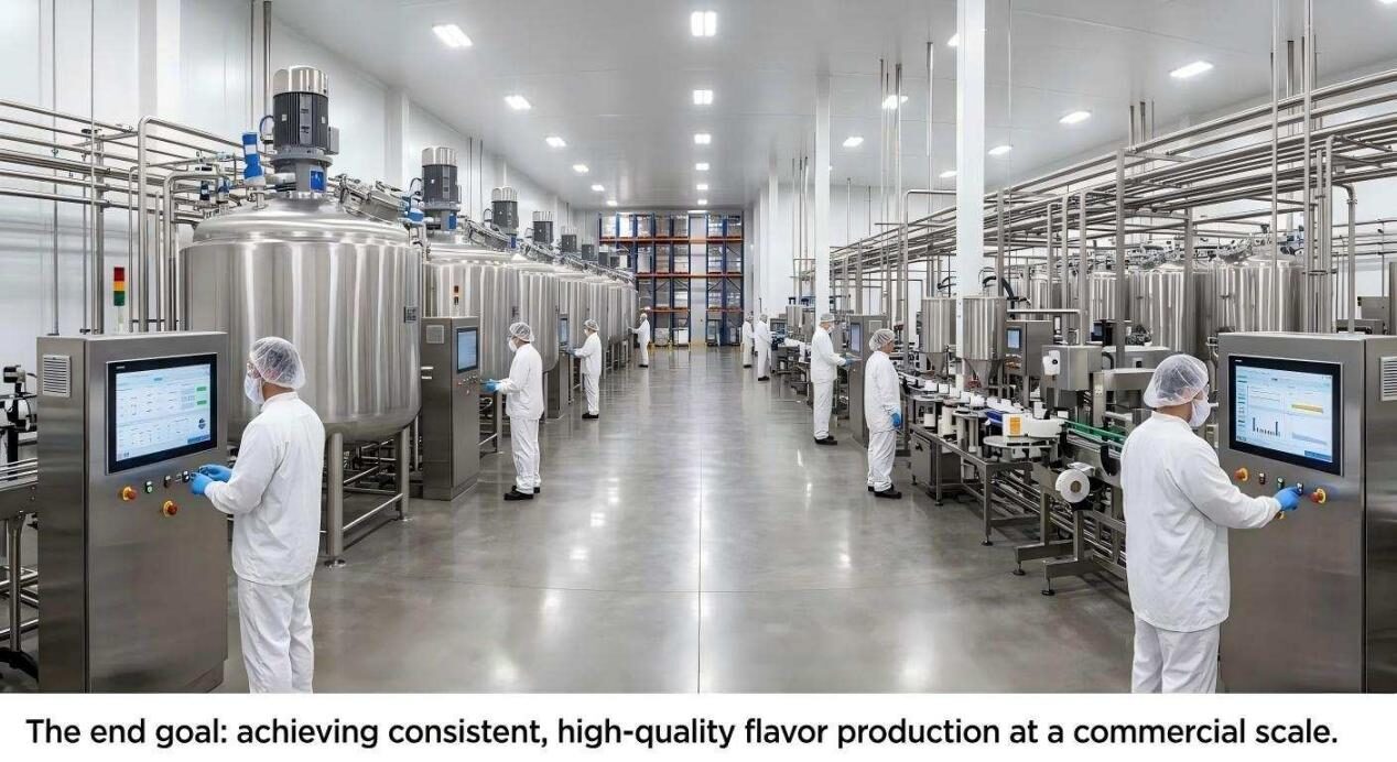 A panoramic view of a modern, sterile production facility achieving high-quality flavor manufacturing at a commercial scale.
