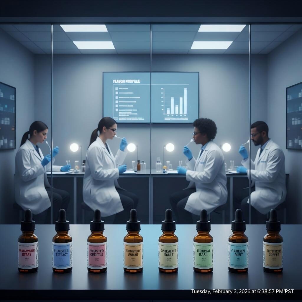 A professional R&D setting featuring finished flavor blends and a sensory evaluation panel, showcasing the scientific rigor and commercial readiness of flavor innovation.