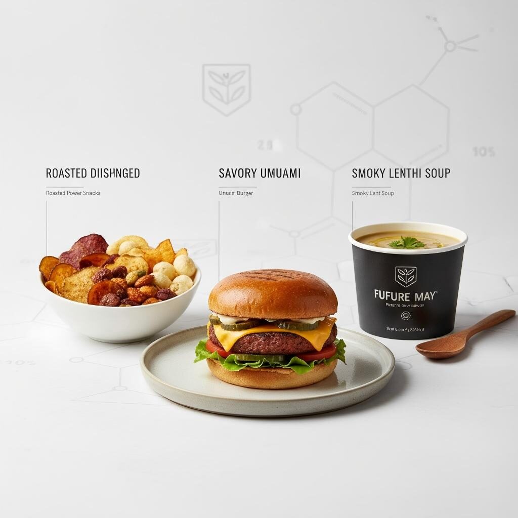 A professional showcase of consumer food products—including a plant-based burger, savory snacks, and soup—highlighting the successful application of Maillard reaction flavors.