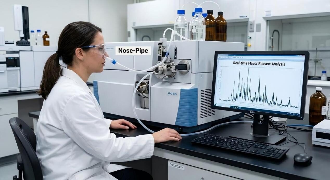 A laboratory technician utilizes APCI-MS and nose-tracking technology to monitor the real-time release of aroma molecules during consumption for precise flavor profiling.