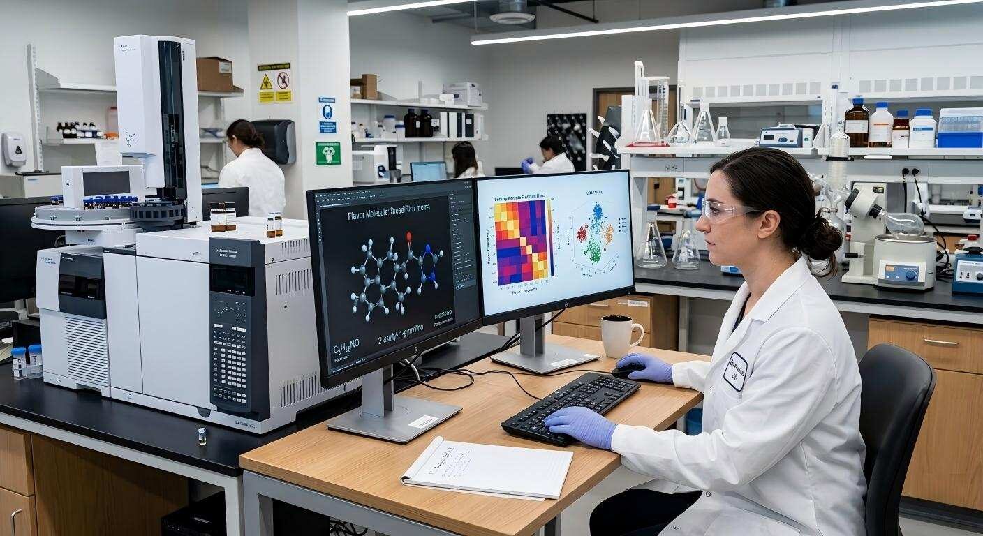 Un scientifique professionnel de l'alimentation utilise l'apprentissage automatique et les données GC-MS pour analyser des structures moléculaires complexes dans un laboratoire moderne.