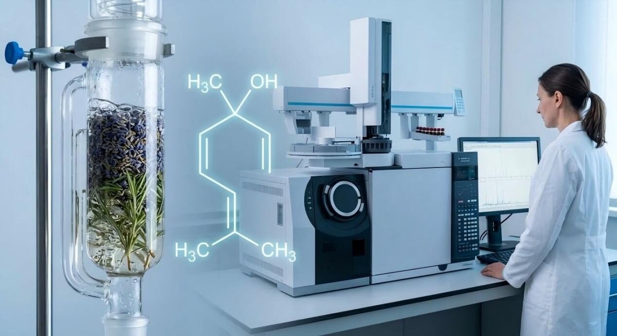 Una combinación visual de naturaleza y ciencia que presenta equipos de extracción avanzados junto con estructuras moleculares de compuestos botánicos naturales.
