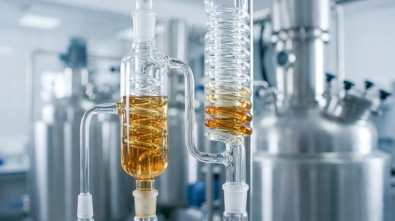 لقطة ماكرو عالية الدقة لجهاز تقطير زجاجي متطور، توضح دقة ونقاء عملية استخلاص النكهة الطبيعية.