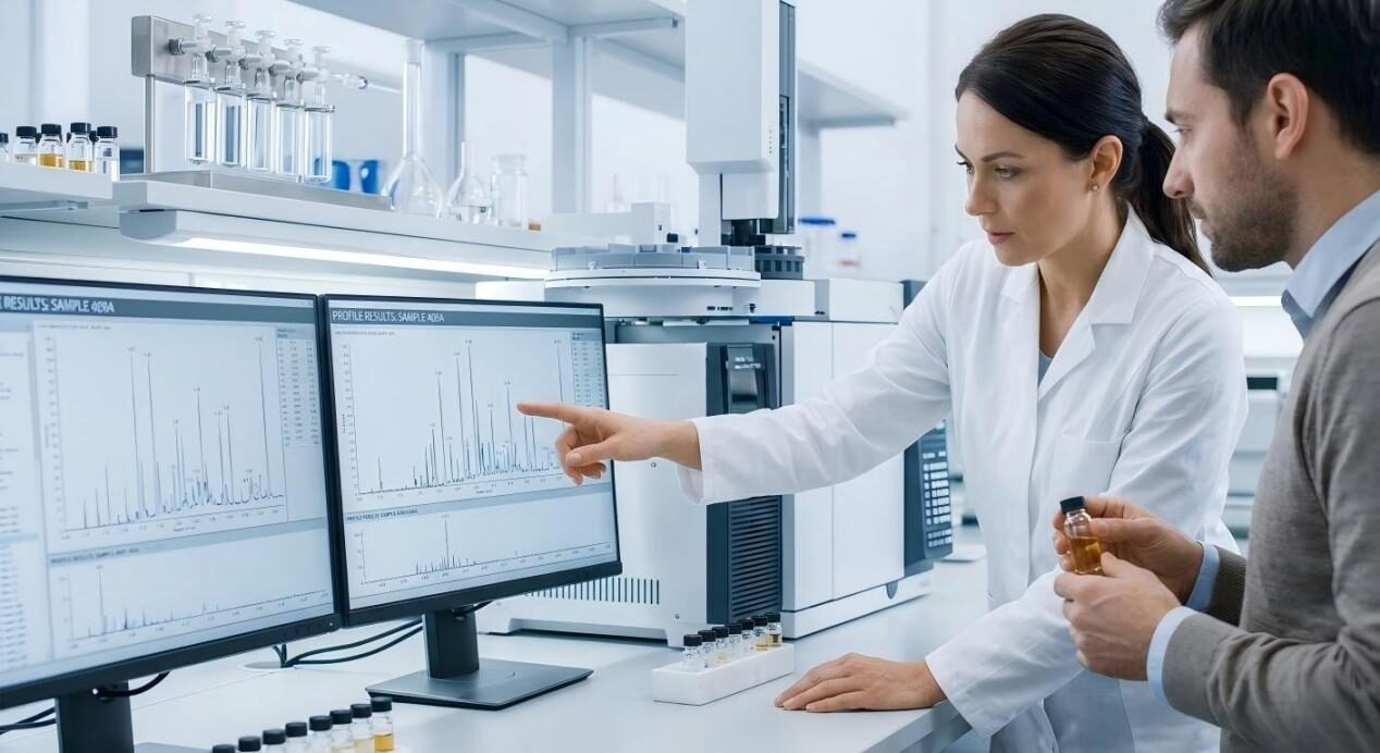 Внутри современной аналитической лаборатории: химик объясняет результаты анализов ГХ-МС и хроматограммы, проверяющие чистоту образца жидкости для электронных сигарет.