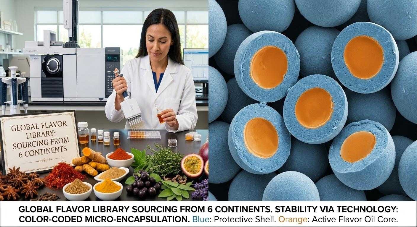 程式化 SEM 显微照片显示颜色编码的微胶囊风味珠，旨在在不同气候下实现卓越的货架稳定性。