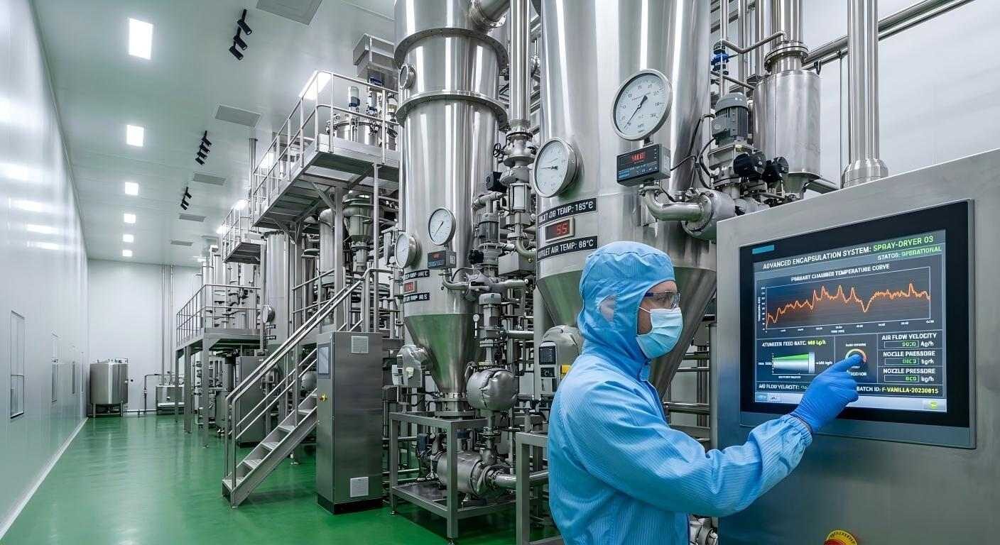 Una toma de alta precisión dentro de una moderna instalación de fabricación de sabores que cuenta con secadores por aspersión de acero inoxidable y paneles de control digital avanzados.