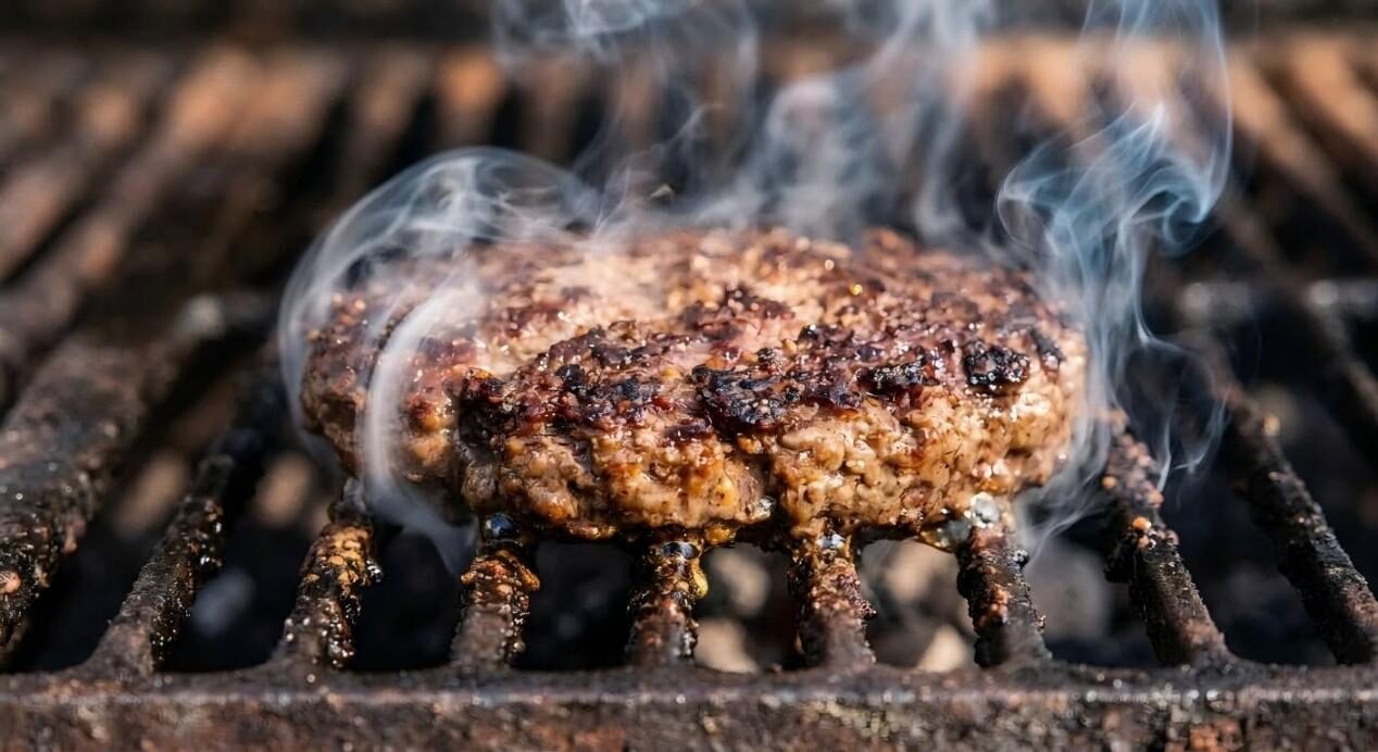 植物肉饼在热烤架上滋滋作响的特写，捕捉烹饪过程中的烟雾和质感。