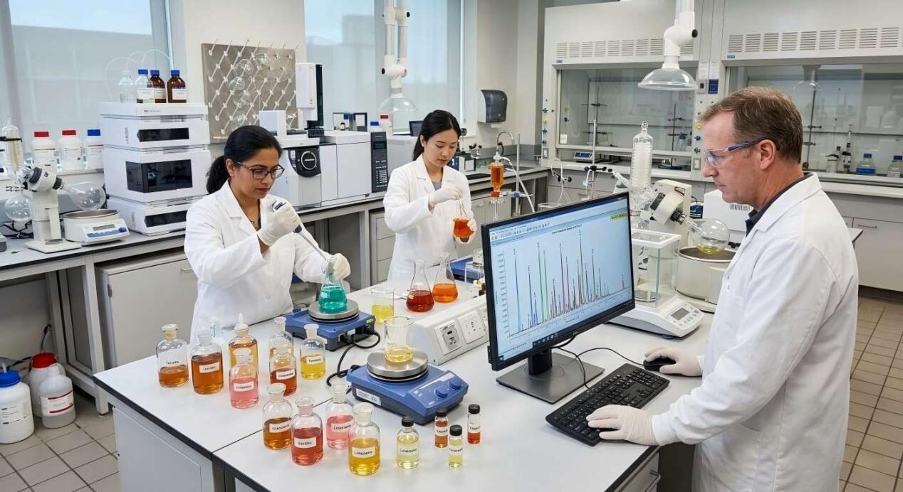 يقوم علماء النكهة المحترفون في مختبر عالي التقنية بتحليل المركبات الغذائية لتطوير ملفات تعريف مذاق محسنة للأنظمة الغذائية المتخصصة.