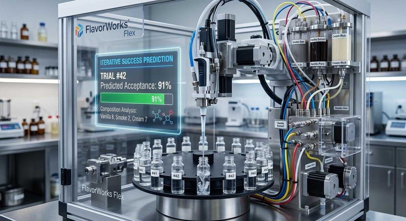Un mélangeur robotique de haute précision distribue des liquides clairs dans des flacons avec une superposition numérique affichant un taux d'acceptation prévu de 91 %.
