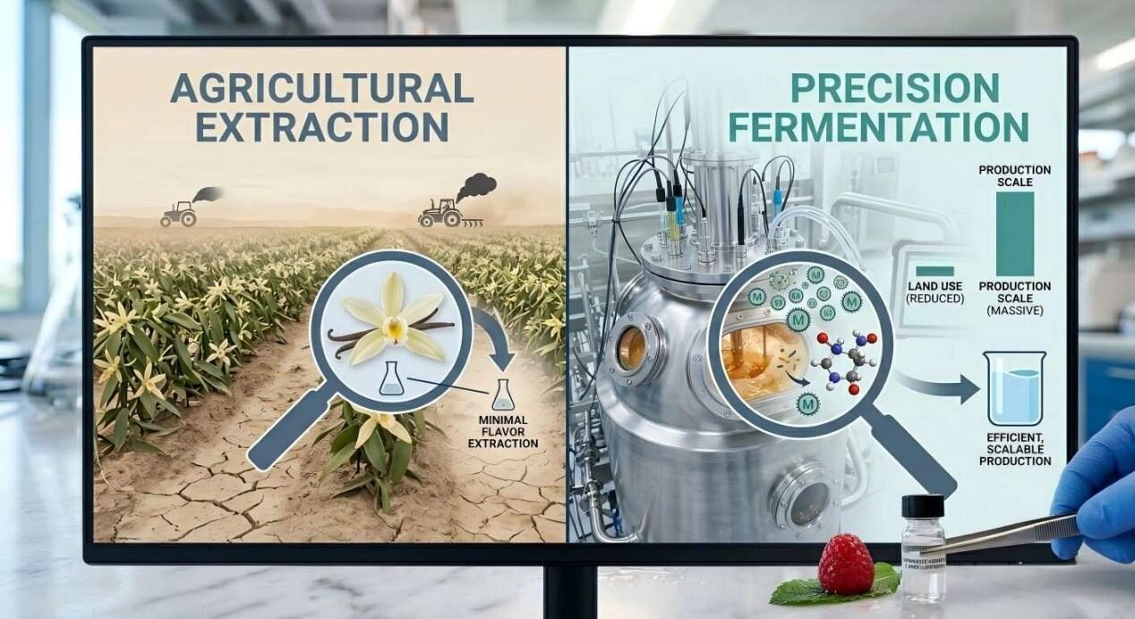 Una infografía en pantalla dividida que compara la extracción tradicional de orquídeas de vainilla con la eficiencia y escala de la fermentación de precisión.