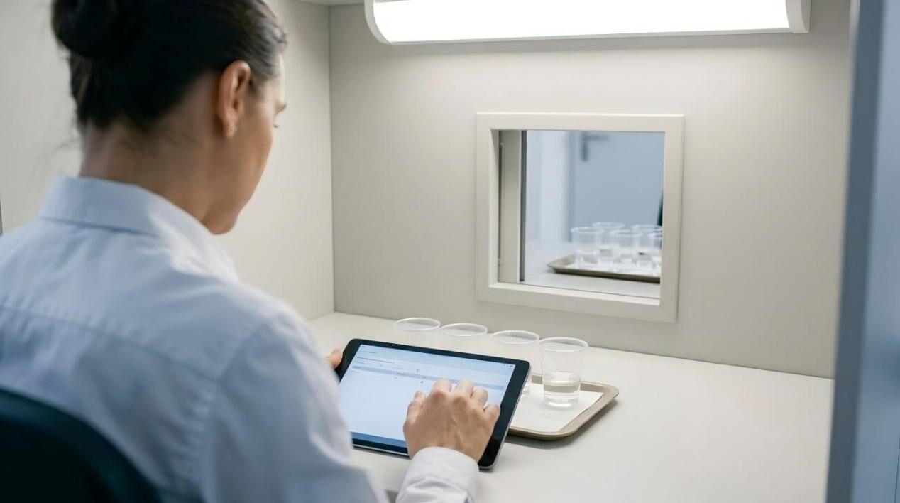 لقطة داخلية لحجرة التحليل الحسي الاحترافية، تظهر أحد أعضاء اللجنة وهو يقوم بتقييم عينات النكهة في بيئة سريرية خاضعة للرقابة.