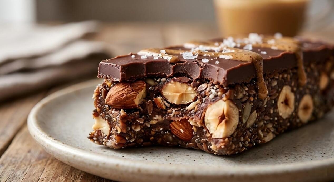 Потрясающий макроснимок, подчеркивающий идеальный баланс текстуры и вкуса полезных для здоровья продуктов, таких как протеиновые батончики и сливочный латте.