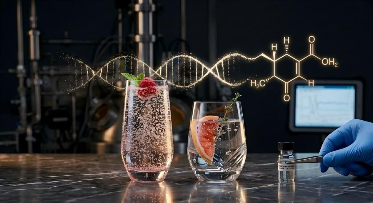Bebidas artesanales elegantes combinadas con una hélice de ADN estilizada y una fórmula molecular, que simbolizan el futuro de las experiencias biotecnológicas sensoriales.