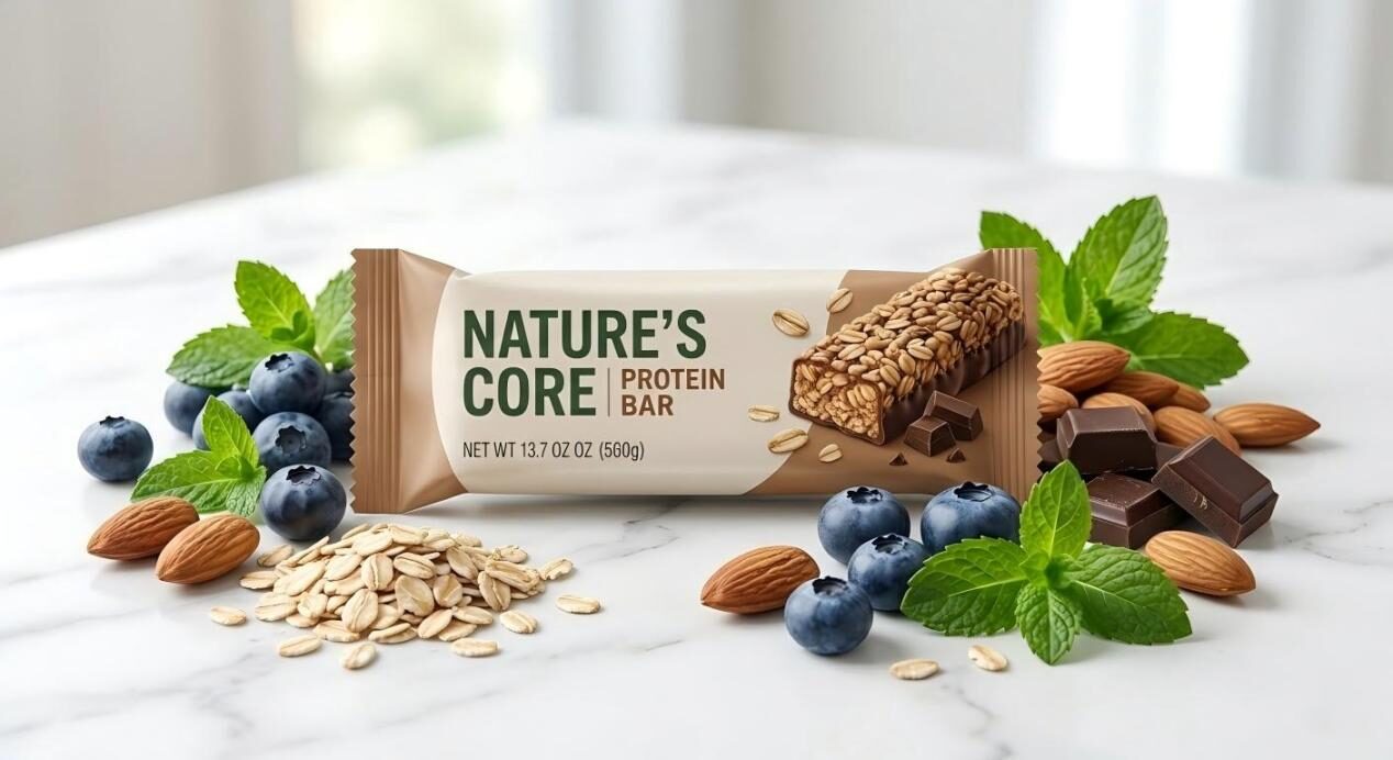 صورة مصقولة للمنتج لشريط بروتين "Nature's Core" على سطح رخامي، تم ترتيبه بشكل فني بمكونات طازجة مثل التوت الأزرق واللوز والشوفان.