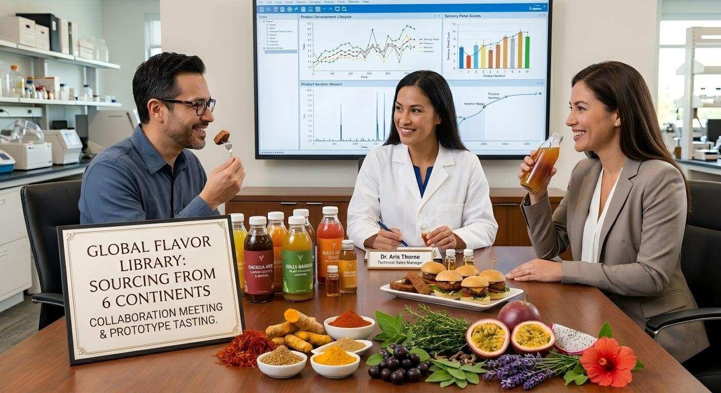 在原型品尝和感官评估会议期间，技术调味师和制造客户之间的专业合作。