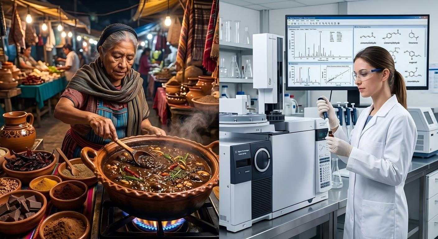 A split-screen visual showing a traditional street food chef alongside a modern flavor scientist, bridging the gap between heritage and technology.