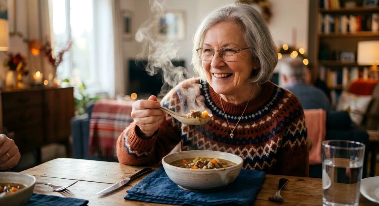 A warm, cozy photograph of an elderly woman enjoying a nutritious, steaming meal, highlighting the importance of appetizing food in senior care.