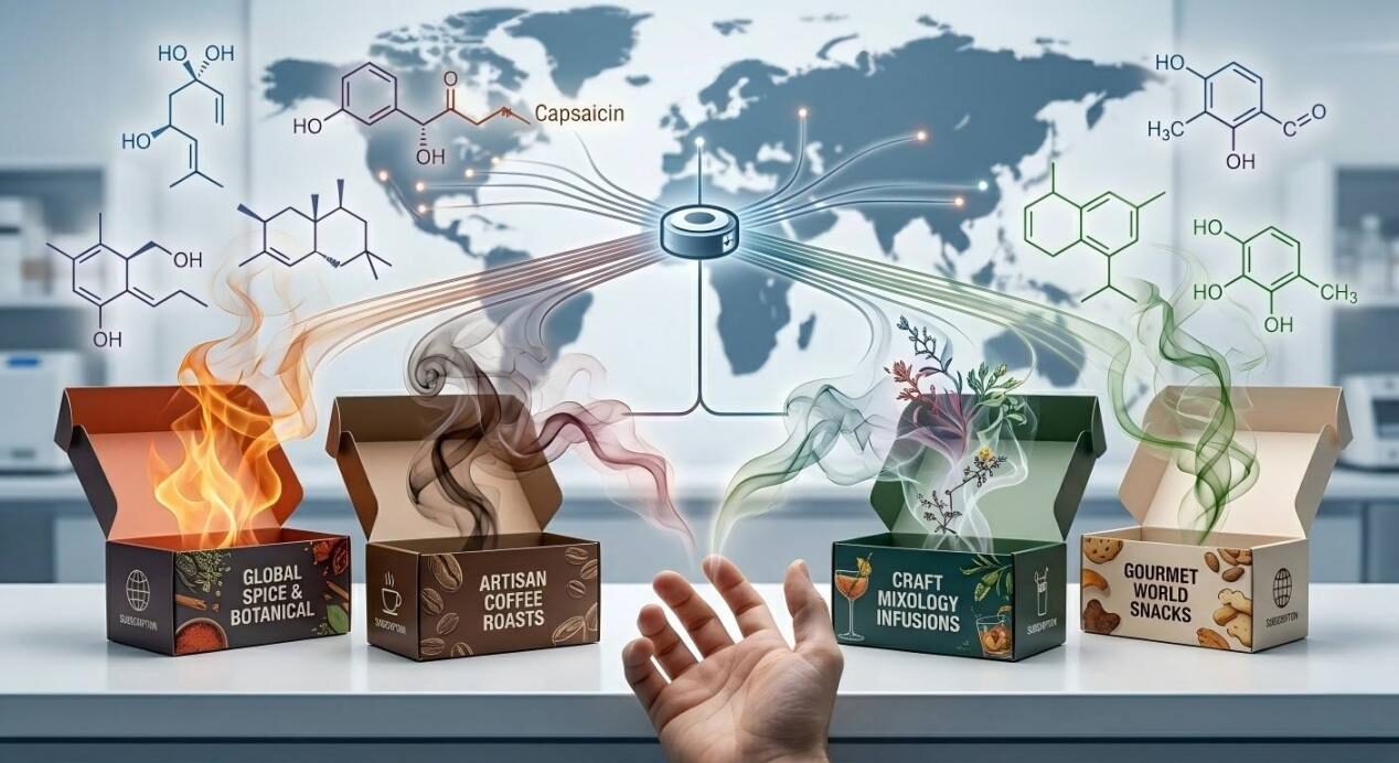 A visual representation of global flavor sourcing and D2C delivery, featuring exotic botanical and spice subscription boxes with molecular aroma overlays.