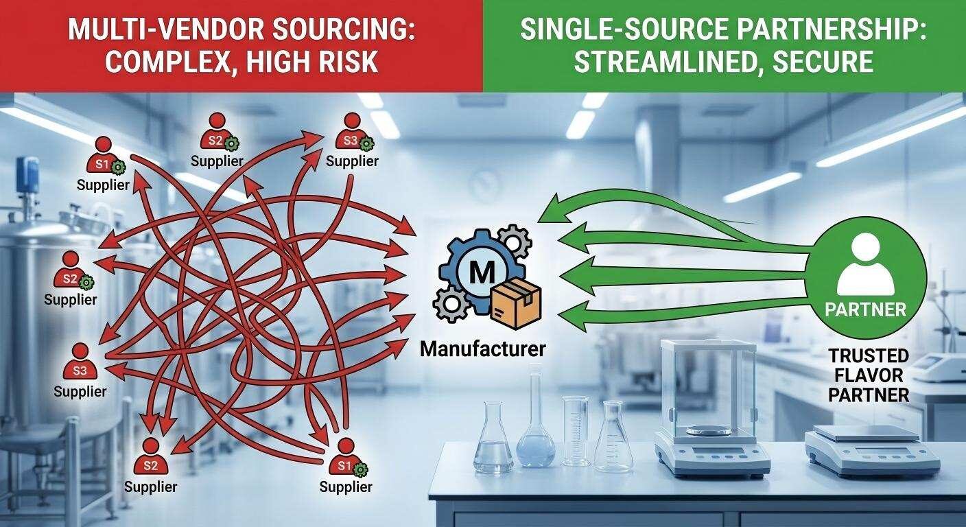 An infographic comparing the risks of complex multi-vendor sourcing to the security and streamlined flow of a single-source flavor partnership.