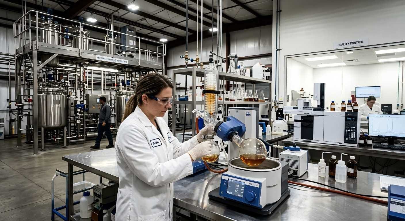Witness the convergence of molecular science and industrial manufacturing in a modern flavor R&D lab, featuring rotary evaporation and GC-MS analysis.