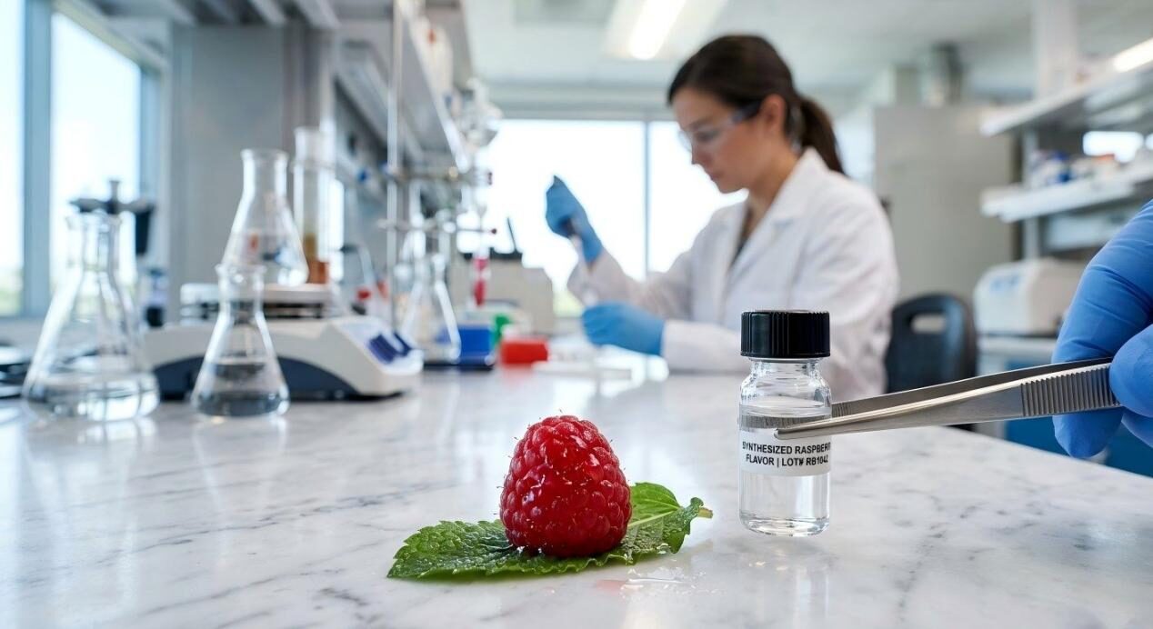 A close-up of a fresh raspberry and a lab vial of bio-identical flavor, illustrating the bridge between nature and food science.