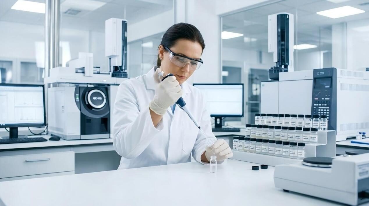 A professional photo of a flavorist conducting precise analysis in a modern laboratory, surrounded by advanced GC-MS equipment and reference standards.