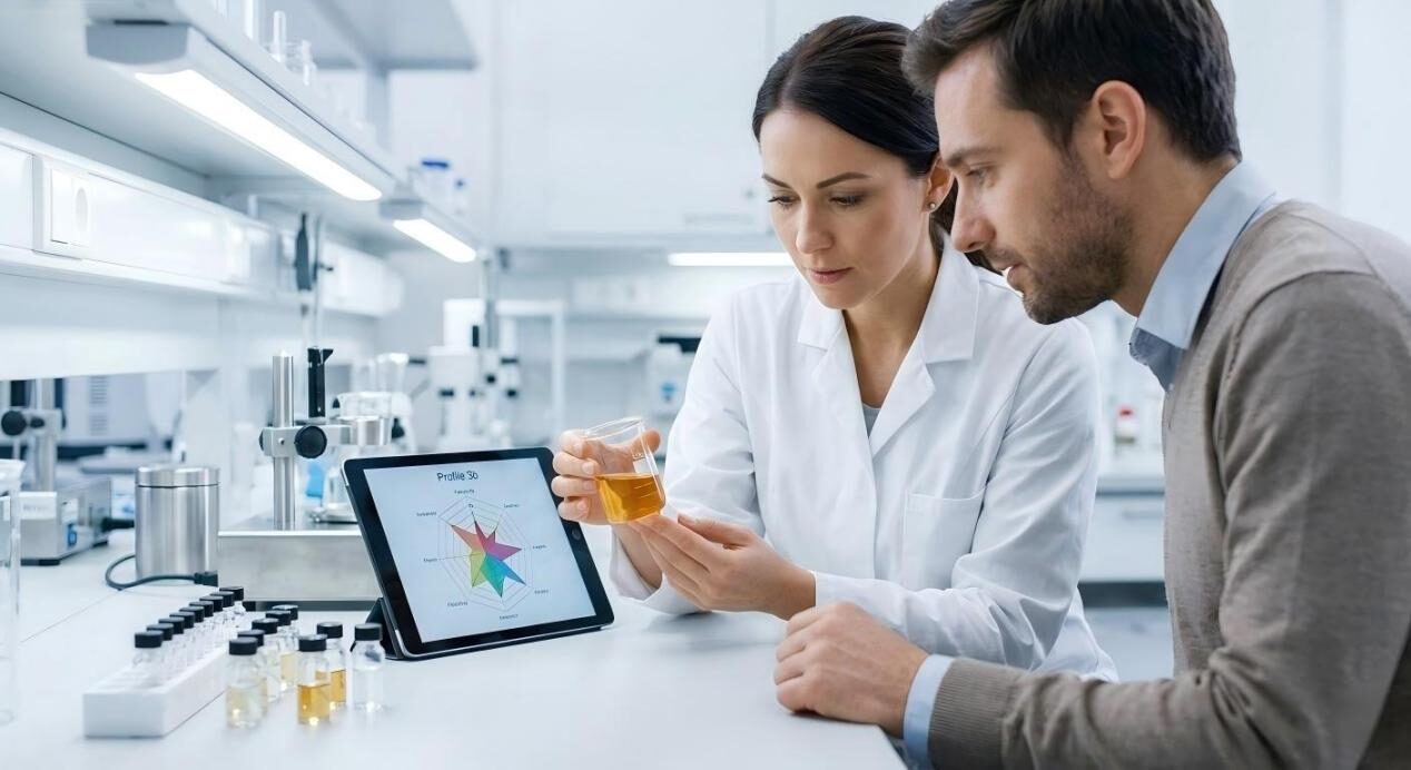 A collaborative R&D session: a flavor chemist and a client analyze e-juice flavor profiles using digital spider charts and lab samples.