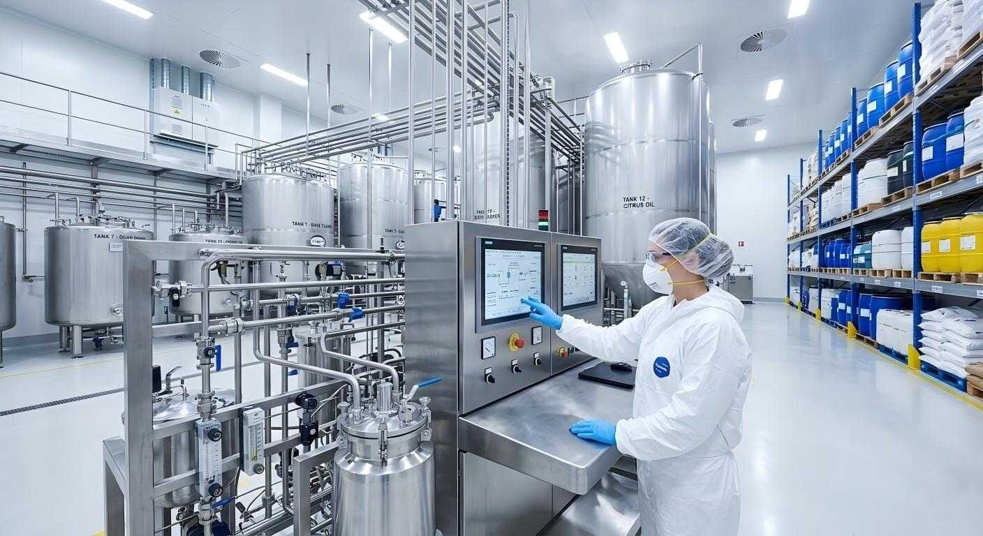 A modern, pristine flavoring manufacturing facility featuring computer-controlled liquid compounding systems and stainless steel tanks.