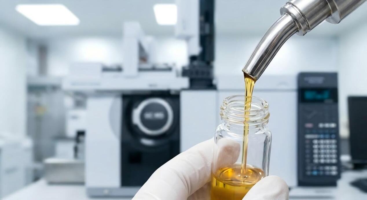 A high-resolution close-up of golden flavor concentrate being dispensed in a clinical lab setting with GC-MS equipment.