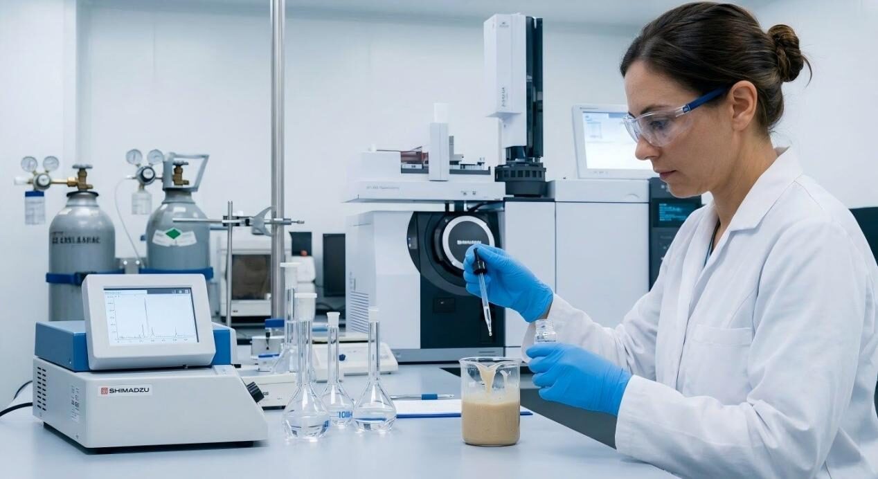 A flavor chemist in a laboratory uses precise instruments and GC-MS technology to develop plant-based protein flavors.